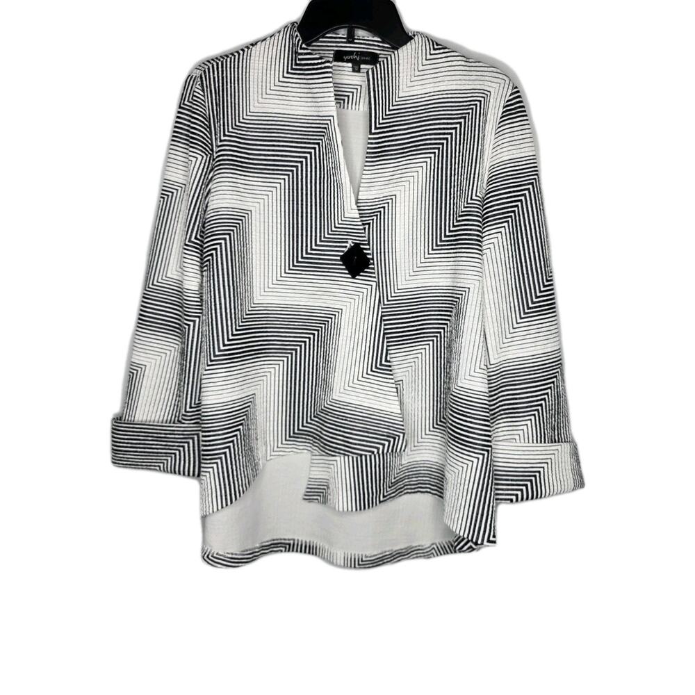 Yushi Womens Med Black White Blazer Asymmetrical Jacket Artsy Striped Textured